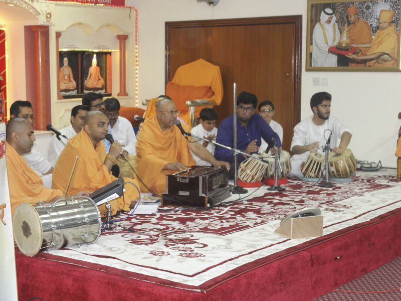 Sadhus sing kirtans during the Shri Swaminarayan Jayanti assembly