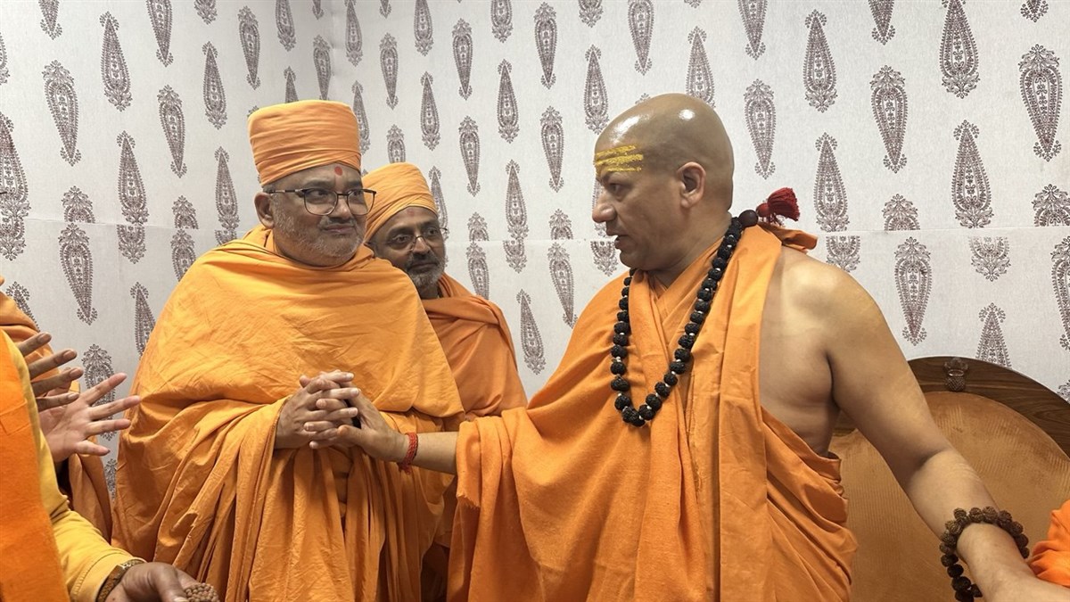Mahamahopadhyay Pujya Bhadresh Swami and Santo in conversation with Niranjan Pithadhishwar Mahamandaleshwar Swami Kailashanandaji Maharaj
